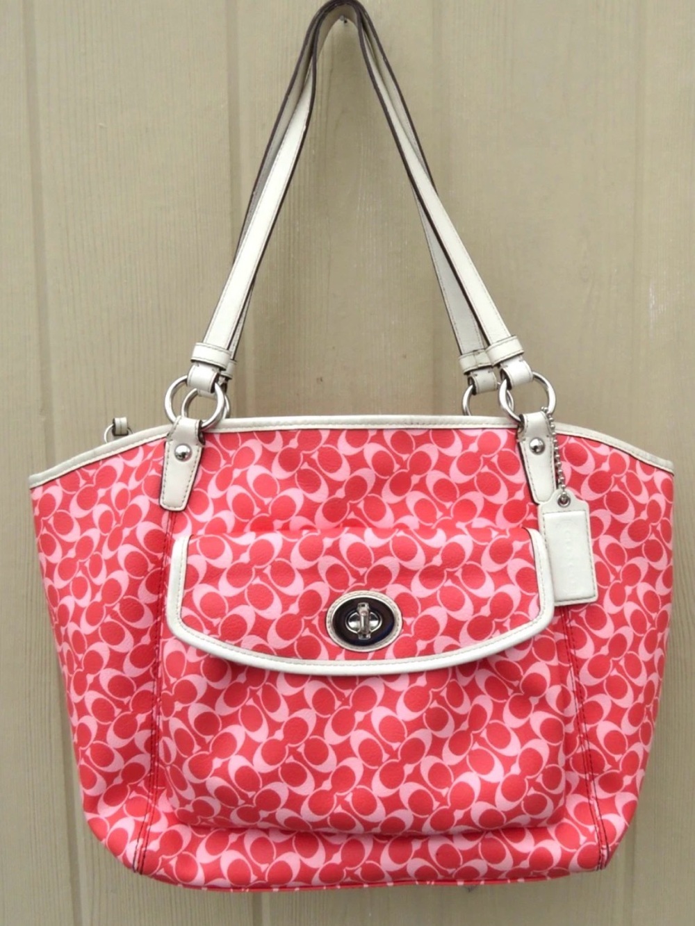 Coach Coral Pink Signature Tote with White Trim